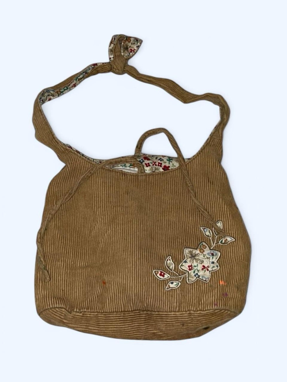 Corduroy Floral Appliqué Shoulder Bag in Tan